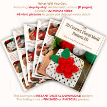 3D Crochet Flower Granny Square Pattern PDF with Red Textured Bloom, DIY Afghan Blanket Motif, Instant Digital Download