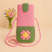 Granny Square Flower Crochet Phone Bag PDF Pattern – Cute Pink Green Crossbody Pouch Tutorial – DIY Floral Mobile Purse Pattern