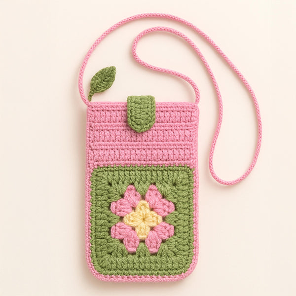Granny Square Flower Crochet Phone Bag PDF Pattern – Cute Pink Green Crossbody Pouch Tutorial – DIY Floral Mobile Purse Pattern