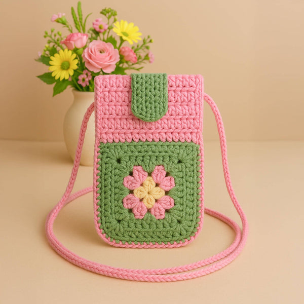Granny Square Flower Crochet Phone Bag PDF Pattern – Cute Pink Green Crossbody Pouch Tutorial – DIY Floral Mobile Purse Pattern