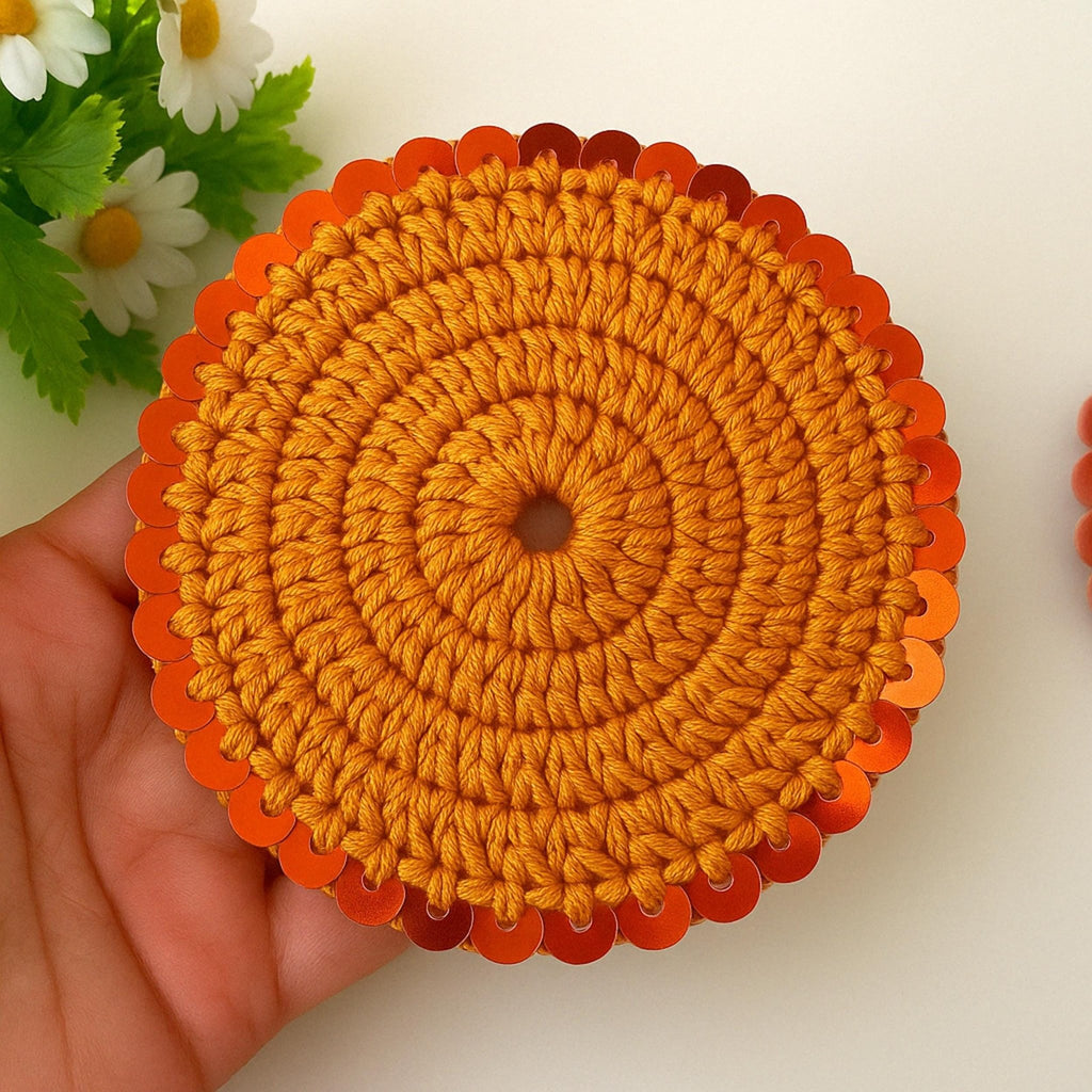 Glam Sequin Coaster Crochet Pattern - Glitter Coffee Coaster Guide - Hand Trendy