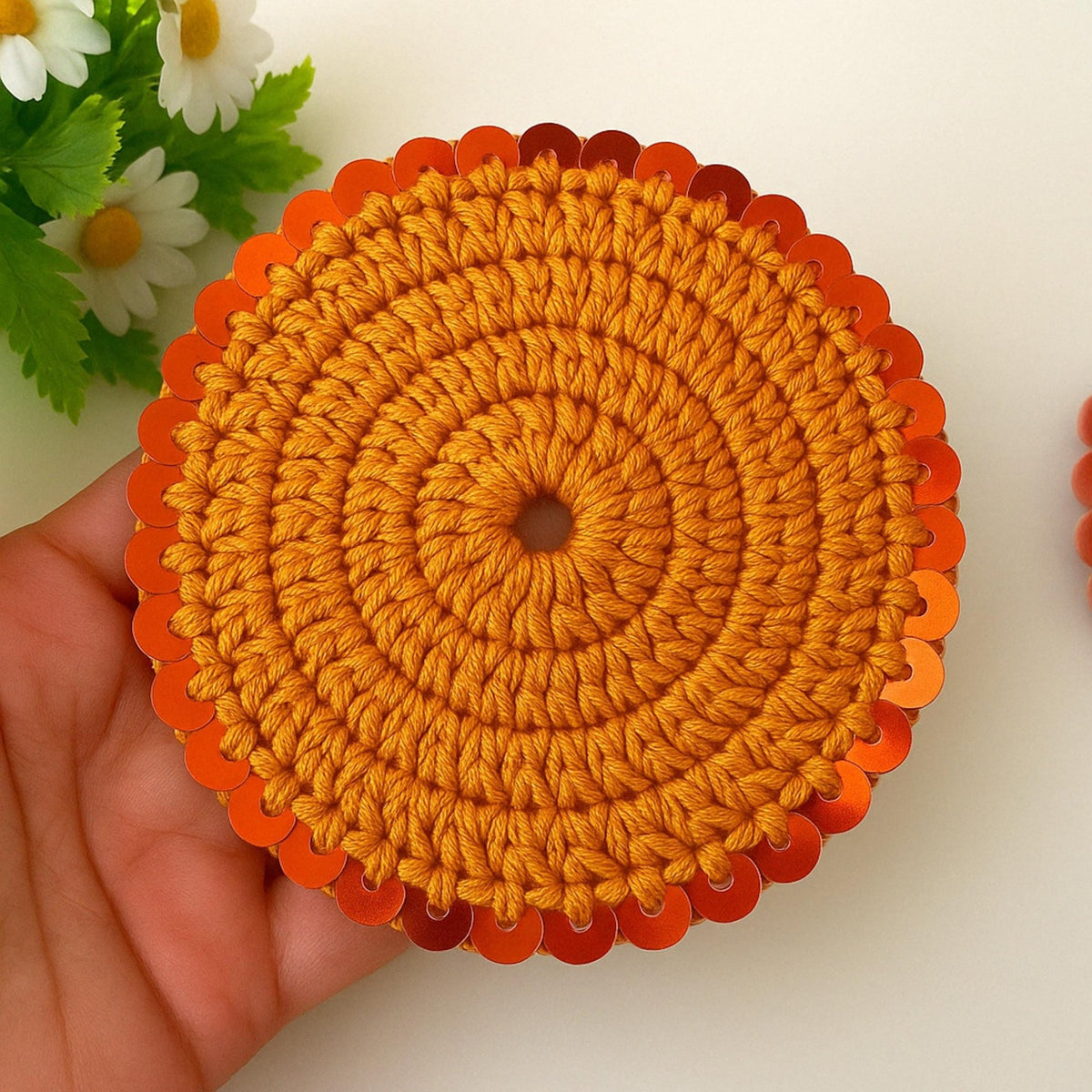 Glam Sequin Coaster Crochet Pattern - Glitter Coffee Coaster Guide - Hand Trendy