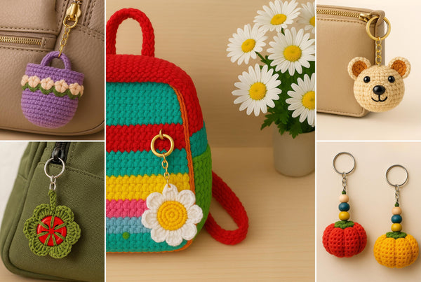Crochet Charm Set PDF Bundle – 5 Cute Amigurumi Patterns: Pumpkin, Flower, Bear, Bag & Clover DIY Designs