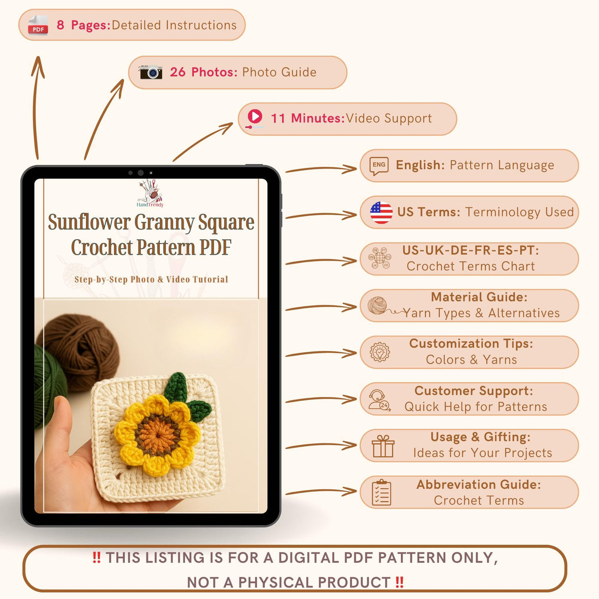 3D Sunflower Granny Square Pattern PDF - Instant Download Pattern - Hand Trendy