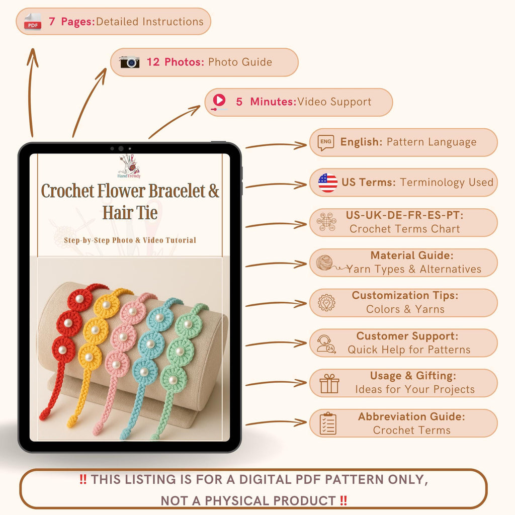 Crochet Flower Bracelet & Hair Tie - DIY Pattern - Handmade Crochet Fashion Jewelry Gift - Hand Trendy