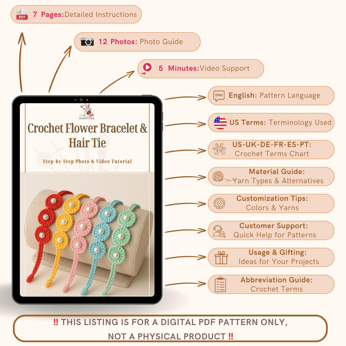 Crochet Flower Bracelet & Hair Tie - DIY Pattern - Handmade Crochet Fashion Jewelry Gift - Hand Trendy