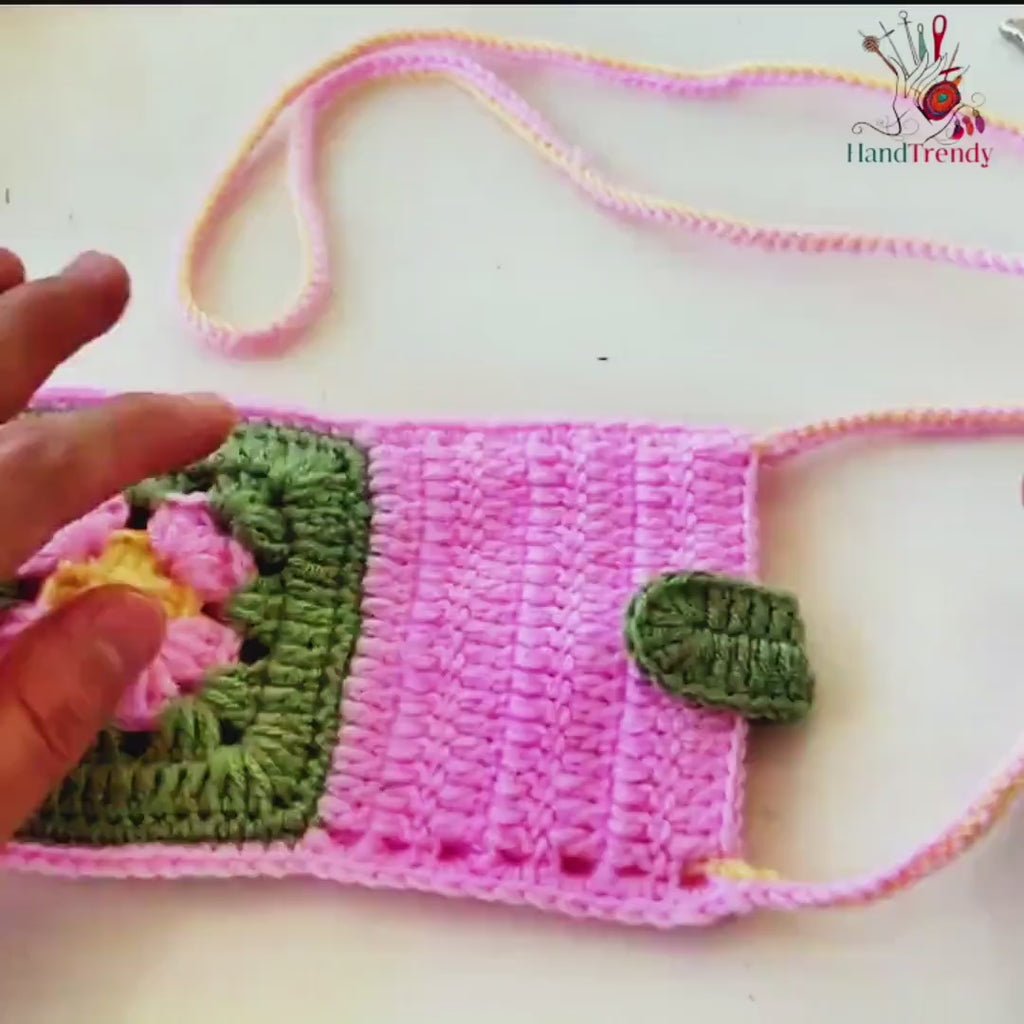 Granny Square Flower Crochet Phone Bag PDF Pattern – Cute Pink Green Crossbody Pouch Tutorial – DIY Floral Mobile Purse Pattern