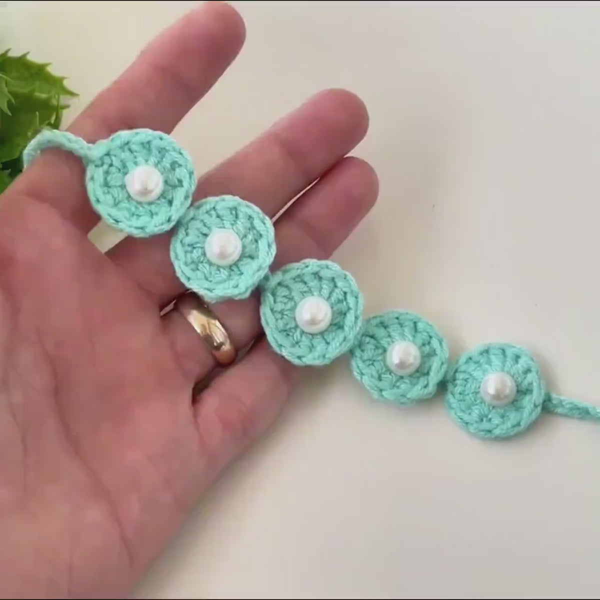 Crochet Flower Bracelet & Hair Tie, Round Boho Style Pearl Beaded Wristband, Handmade Crochet Fashion Jewelry Gift