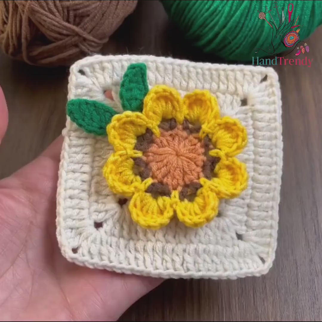 Sunflower Granny Square Crochet Pattern PDF, 3D Floral Afghan Block, DIY Blanket Motif, Handmade Crochet Square, Instant Download Pattern
