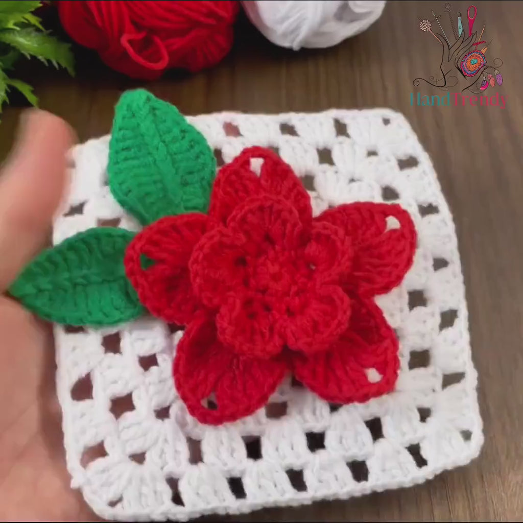 3D Crochet Granny Square Pattern PDF with Red Textured Bloom, DIY Afghan Blanket Motif, Instant Digital Download