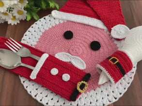 Christmas Crochet Table Set PDF Pattern With Santa Placemat - Cutlery Holder And Napkin Ring For Holiday Table Decor