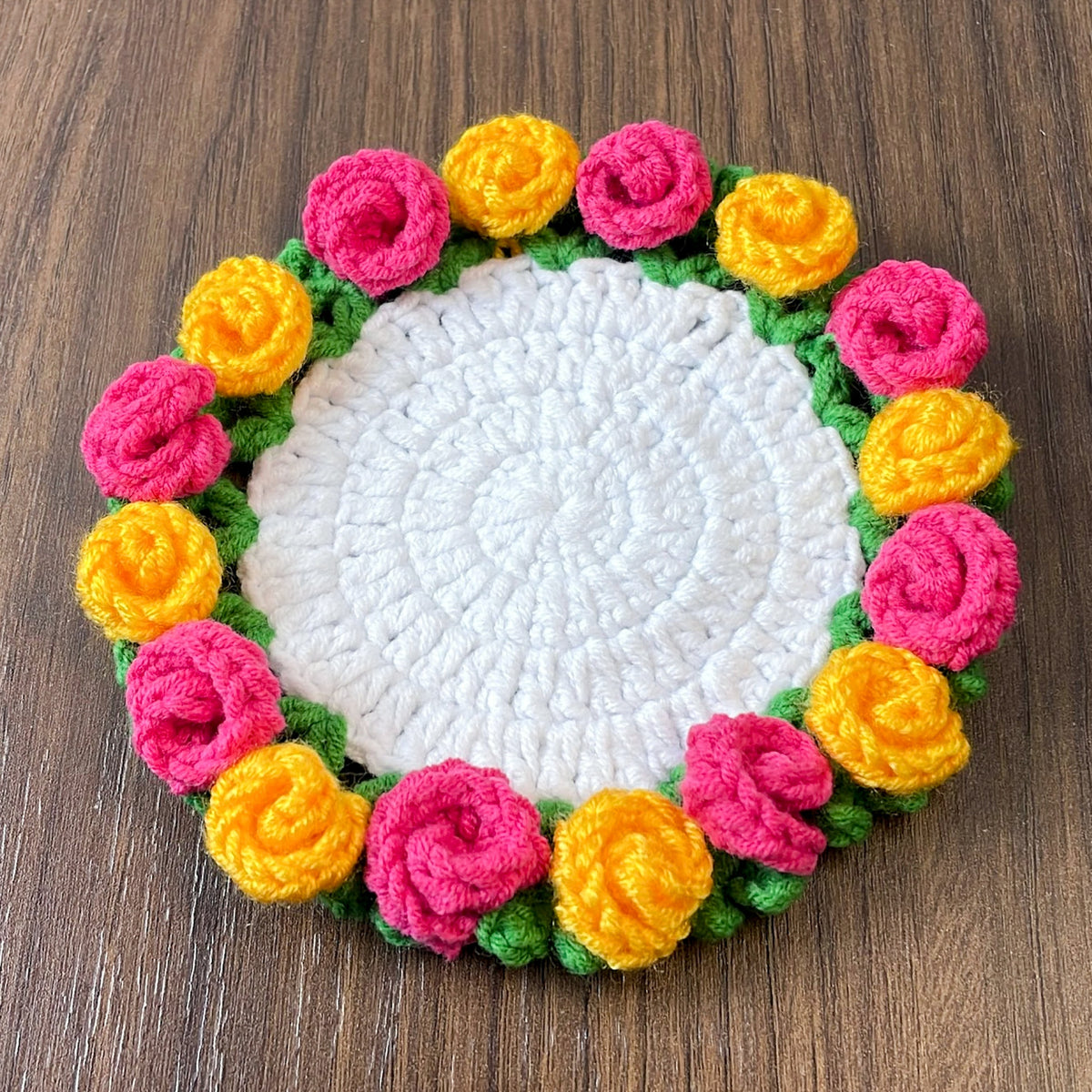 Rose Crochet Coaster Pattern PDF Floral Mug Rug Round Flower Cup Mat Tutorial