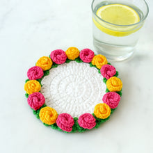 Rose Crochet Coaster Pattern PDF Floral Mug Rug Round Flower Cup Mat Tutorial