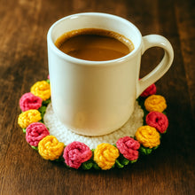 Rose Crochet Coaster Pattern PDF Floral Mug Rug Round Flower Cup Mat Tutorial